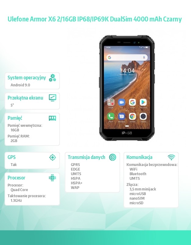 Smartfon Armor X6 2/16GB IP68/IP69K DualSim 4000 mAh Czarny